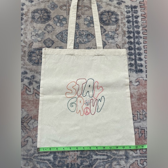 Hand Embroidered Multicolor Stay Groovy 70s Tan Canvas On The Go Tote Bag - Picture 4 of 5